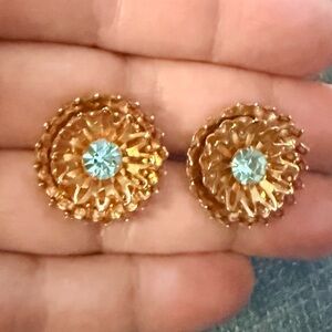 Vintage Screw-back Goldtone Earrings with Blue Centers